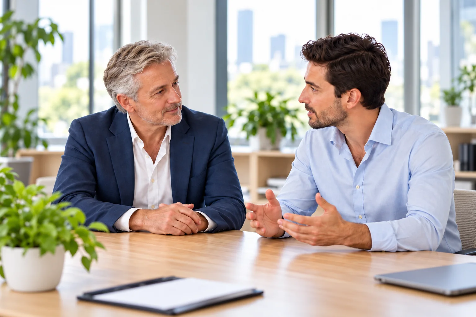 Two male colleagues having a respectful workplace conversation