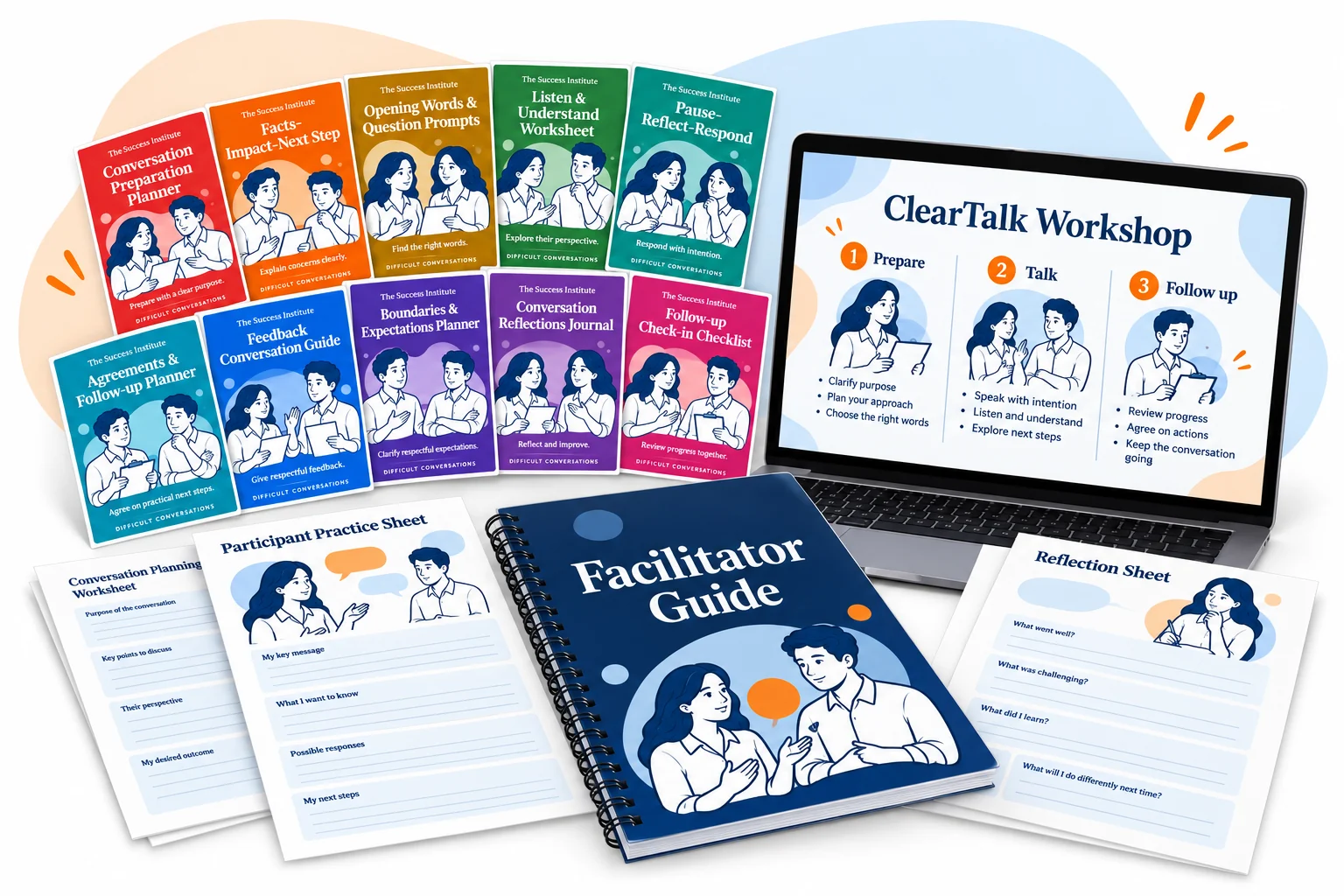 Clear Conversations conversation resources with a facilitator guide, workshop presentation and participant practice worksheets